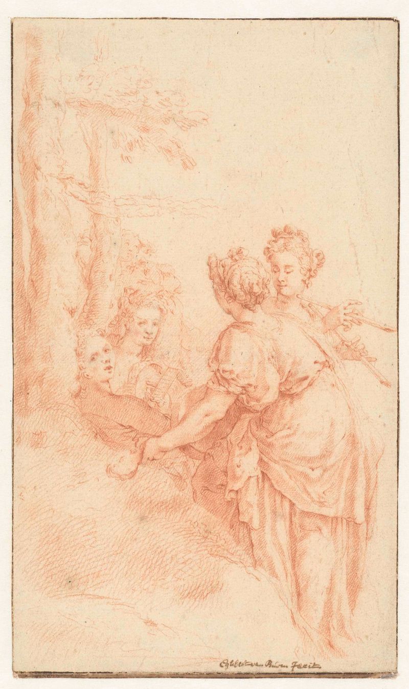 Vijf musicerende vrouwen in een landschap de Egbert van Buren, dibujo de mujeres tocando música en un paisaje.