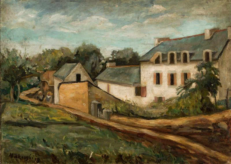 Landscape from Le Pouldu de Tadeusz Makowski, óleo sobre tela, com suaves cores pastel e um horizonte sereno.