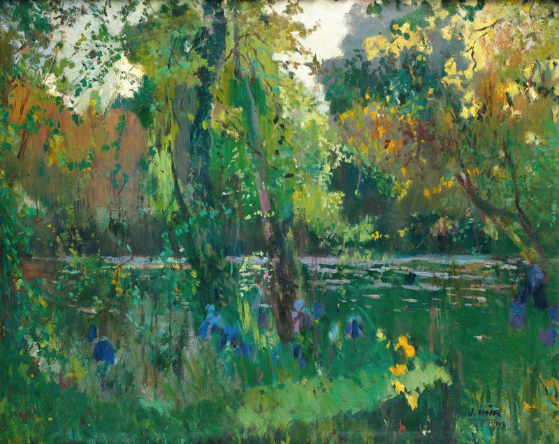 Riverbank in the forest, oil on canvas by Joaquin Mir Trinxet
