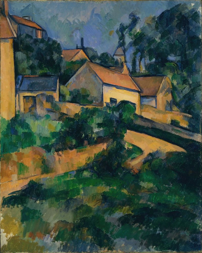 Turning Road at Montgeroult de Paul Cezanne, óleo de un camino sinuoso en la naturaleza.