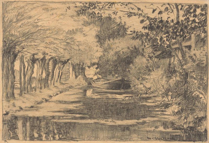 Landscape with waterway, oil on canvas by Willem Adrianus Grondhout