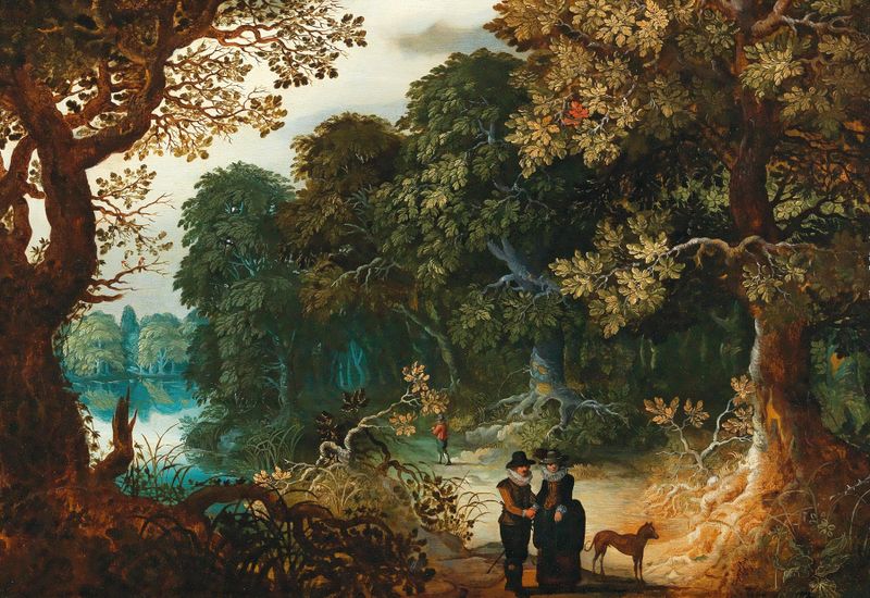 A wooded landscape with an amorous couple, oil on canvas by Sebastian Vrancx