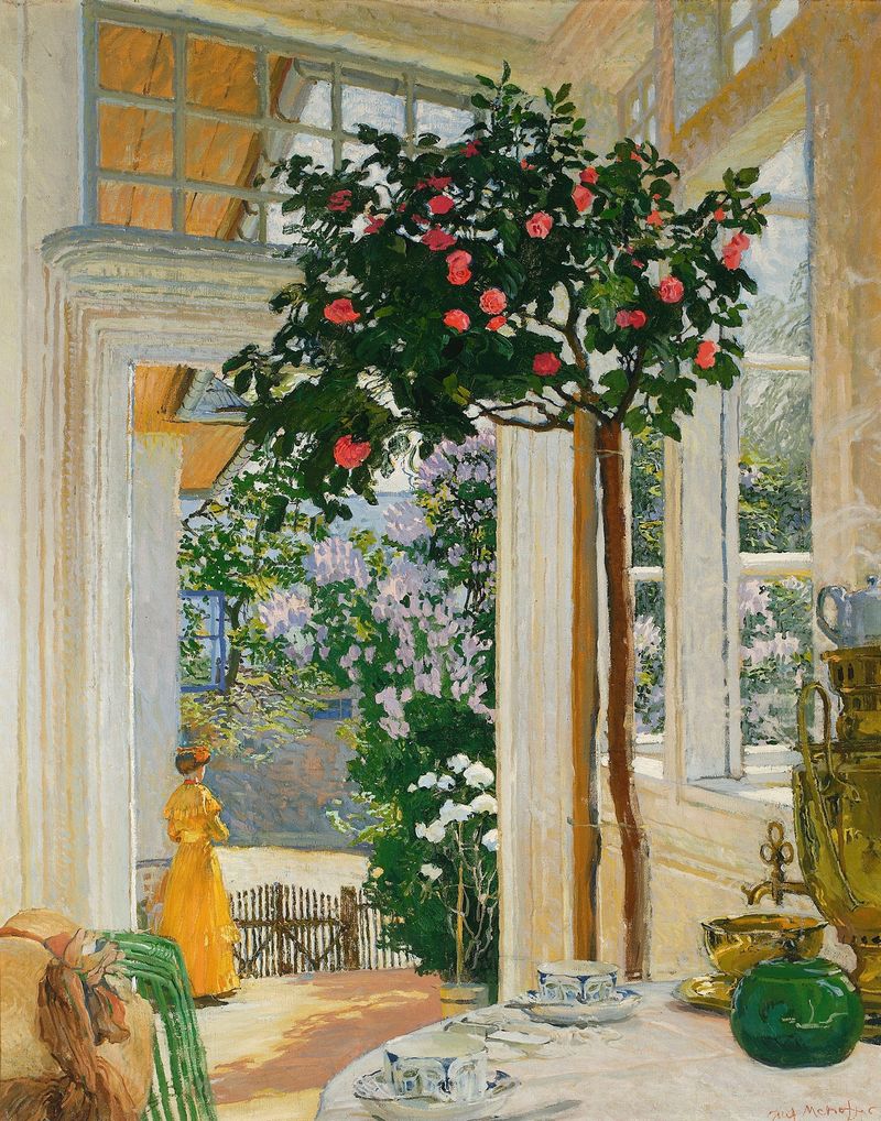 May Sun by Józef Mehoffer, vibrant landscape with sunlight, foliage, and flowers.