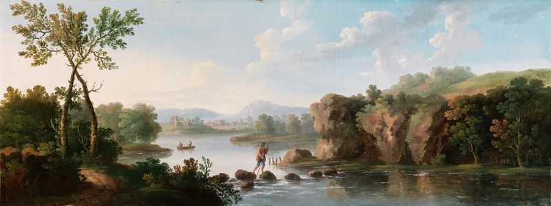 A man fording a stream in a landscape, oil on canvas by George Barret