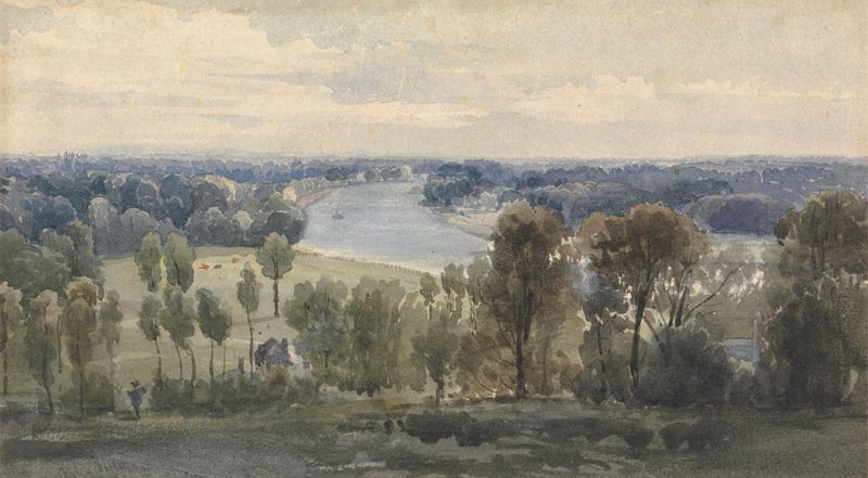 Paisaje de Richmond Hill en acuarela de Copley Fielding, que presenta naturaleza y luz de la tarde.