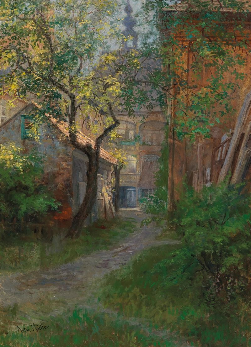 Pintura a óleo de paisagem de Anton Müller retratando uma campina verde.