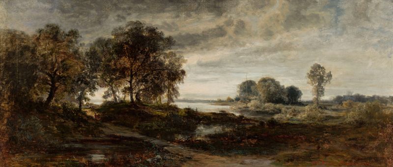 Paisagem do rio Oder de Adolf Dressler, pintura a óleo que retrata um rio tranquilo ao pôr do sol.