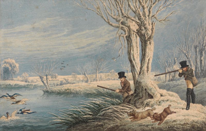 Wild Duck Shooting by Edward Duncan, oil on canvas depicting hunters in a forest