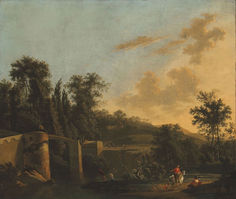 An Italianate landscape de Adriaen Jansz. Ocker, que muestra colinas y un cielo sereno, óleo.