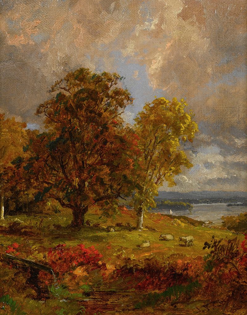 Paisaje con árboles y ovejas, óleo sobre lienzo de Jasper Francis Cropsey