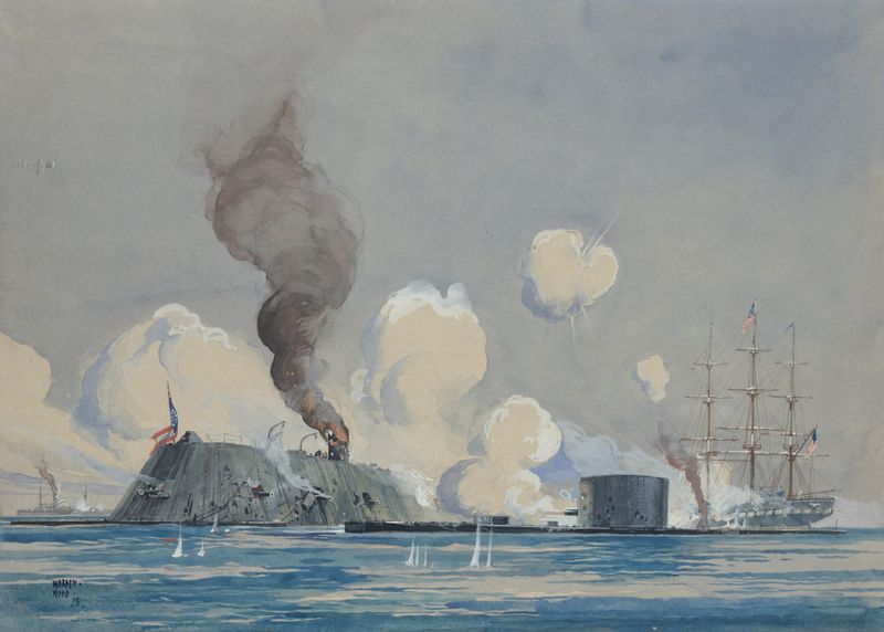 Cena de batalha naval de U.S.S. Monitor e C.S.S. Ram Merrimac, óleo sobre tela de Worden Wood