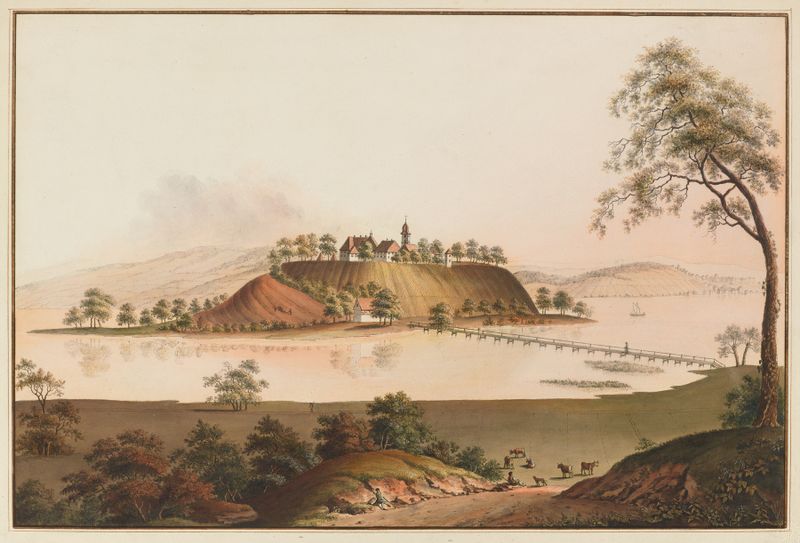 Vûe de l’Isle de Meinau by Johann Heinrich Bleuler, oil on canvas depicting a serene landscape with water and reflections.