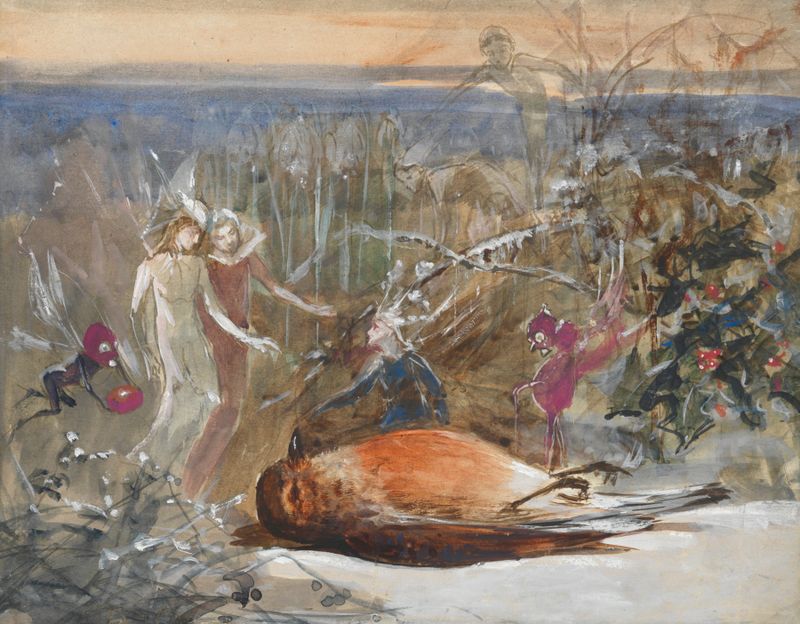 Un petirrojo en duelo entre flores vibrantes, óleo sobre lienzo de John Anster Fitzgerald