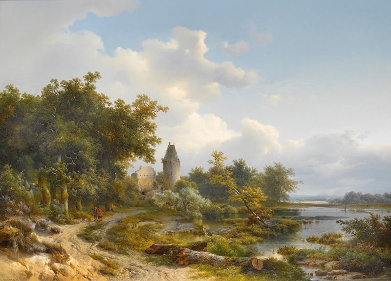 Cena de gênero com figuras em um caminho rural ao lado de um castelo em ruínas de Peter Ludwig Kühnen