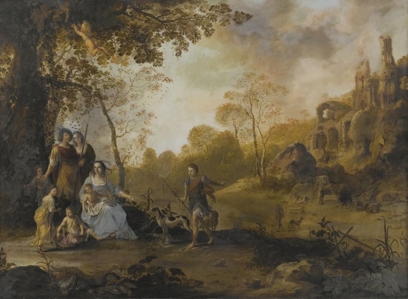 An Allegorical Family Portrait in a Landscape, oil on panel by Dirck van der Lisse