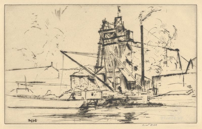 Cena marinha com cais e barcos de Ernest Haskell, provavelmente 1918
