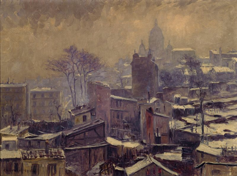 Winter landscape with snow covering houses, La Neige sur le maquis de Montmartre by Georges Chenard-Huché, oil on canvas
