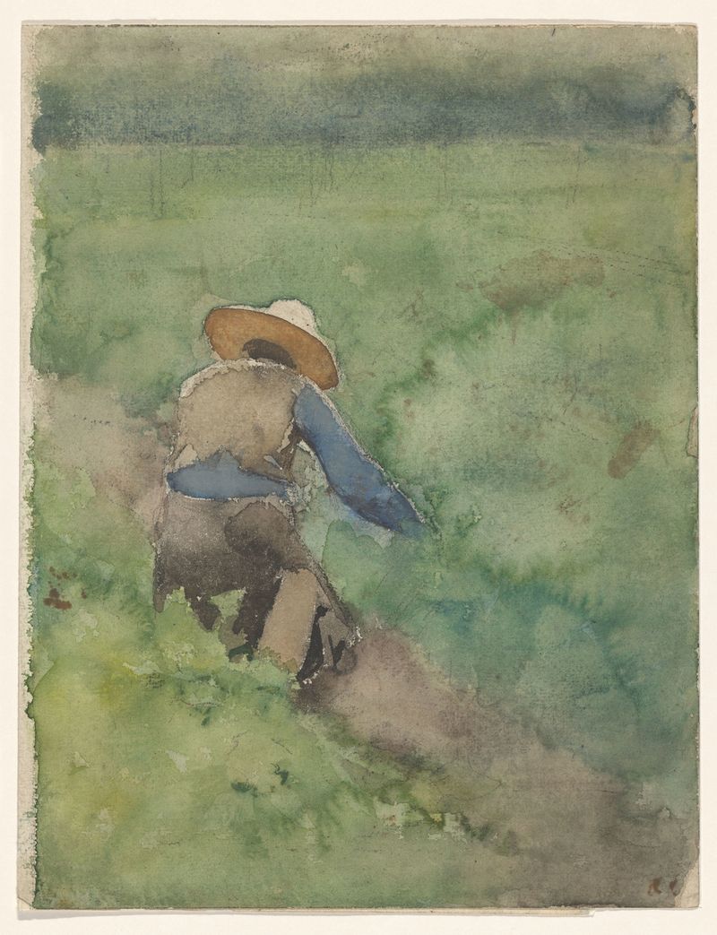 Pintura al óleo de paisaje de Willem Witsen con una figura solitaria en un campo de hierba.
