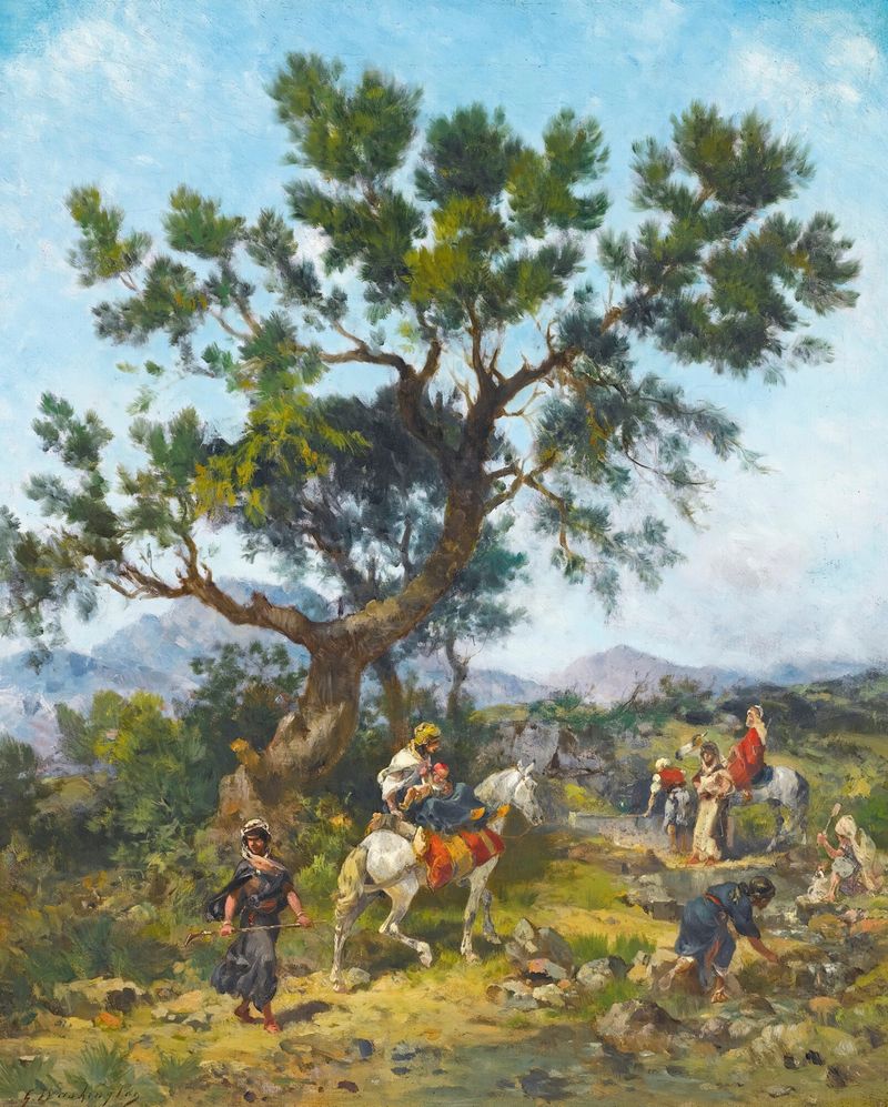 Romanticism landscape featuring horses in a forest by Georges Washington