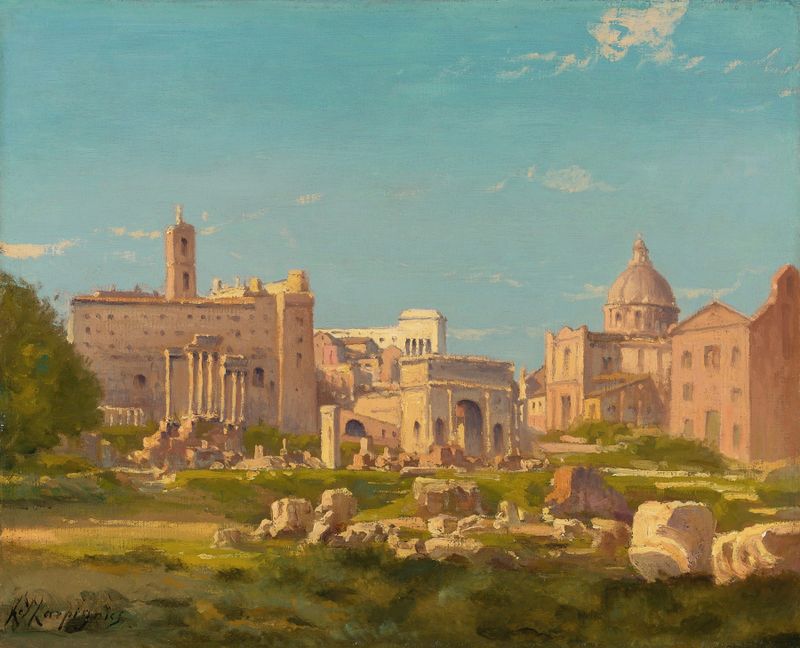 O Fórum Romano de Henri-Joseph Harpignies, pintura a óleo que retrata ruínas antigas e luz.