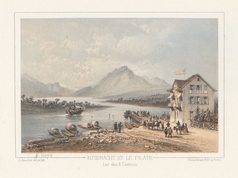 Pintura de paisagem a óleo de Jean Jacottet com um lago e montanhas