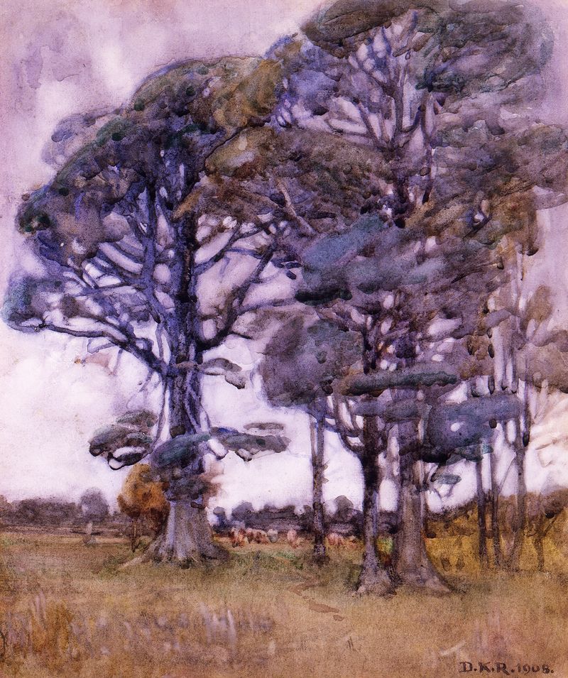 Black Birch de Dorothy Richmond, aquarela sobre papel com árvores de bétula escuras e luz dourada.