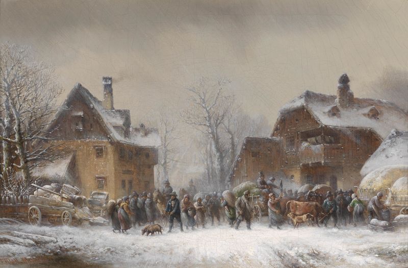 Winter landscape with a village and snowflakes, oil on canvas by Anton Doll