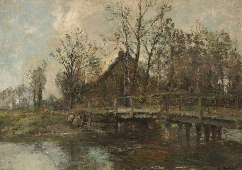 Landscape of Bauernhof am Wasser by Rudolf Höckner, featuring vibrant colors and reflections on water.