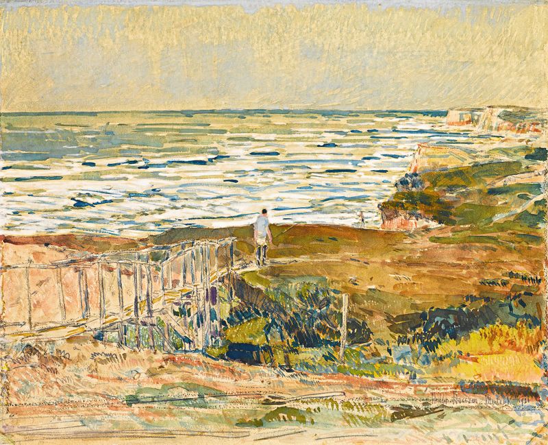 Montauk Fisherman de Childe Hassam, óleo sobre lienzo que representa a un pescador junto al mar.