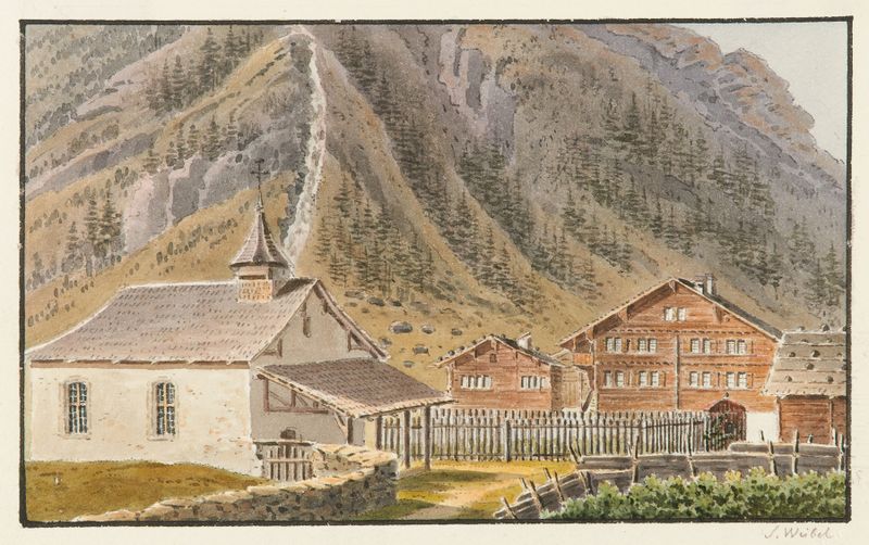 Guttannen de Jakob Samuel Weibel, óleo sobre lienzo que representa un valle tranquilo con un río y luz solar.