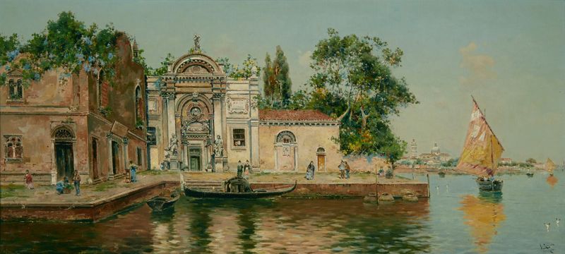 Un tranquilo canal veneciano, óleo sobre lienzo de Antonio María de Reyna Manescau