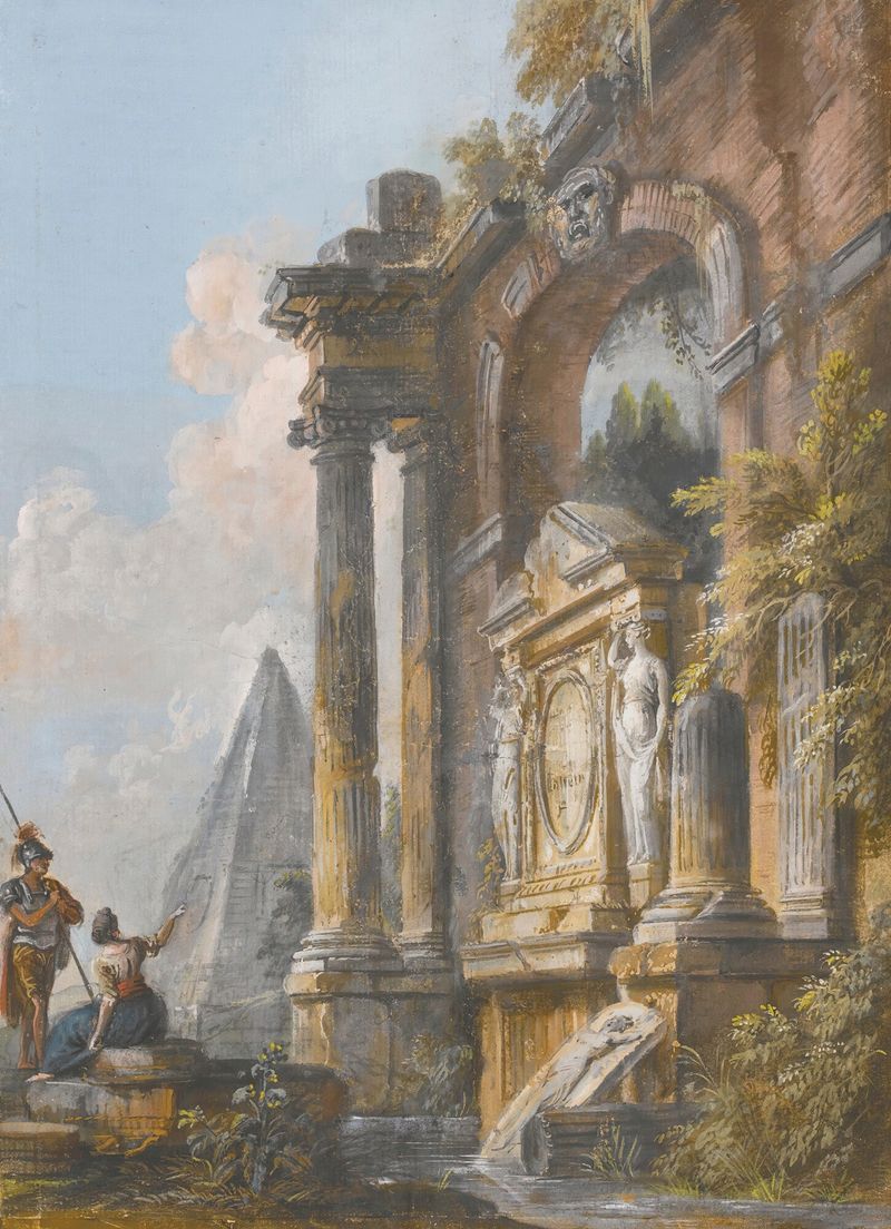 Oil painting by Jean-Baptiste Lallemand depicting the Pyramid of Caius Cestius with a soldier and lady.