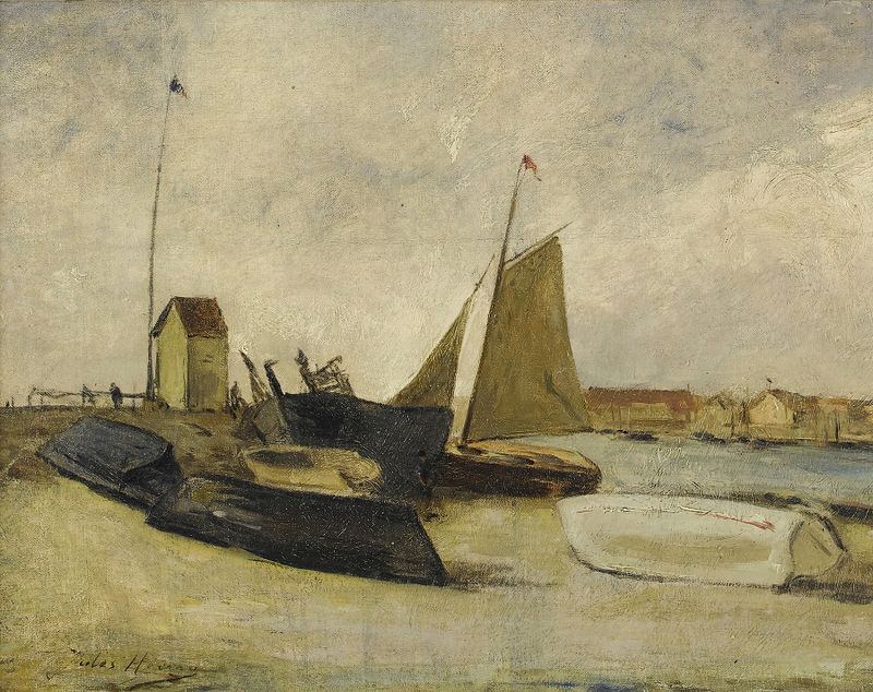 Óleo sobre lienzo de Jules Héreau que representa barcos anclados en un puerto