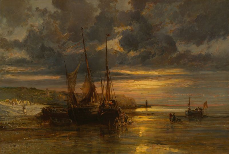 Beached Fishing Boats by Jules-Achille Noël, oil on canvas, showing weathered boats on a tranquil shore.