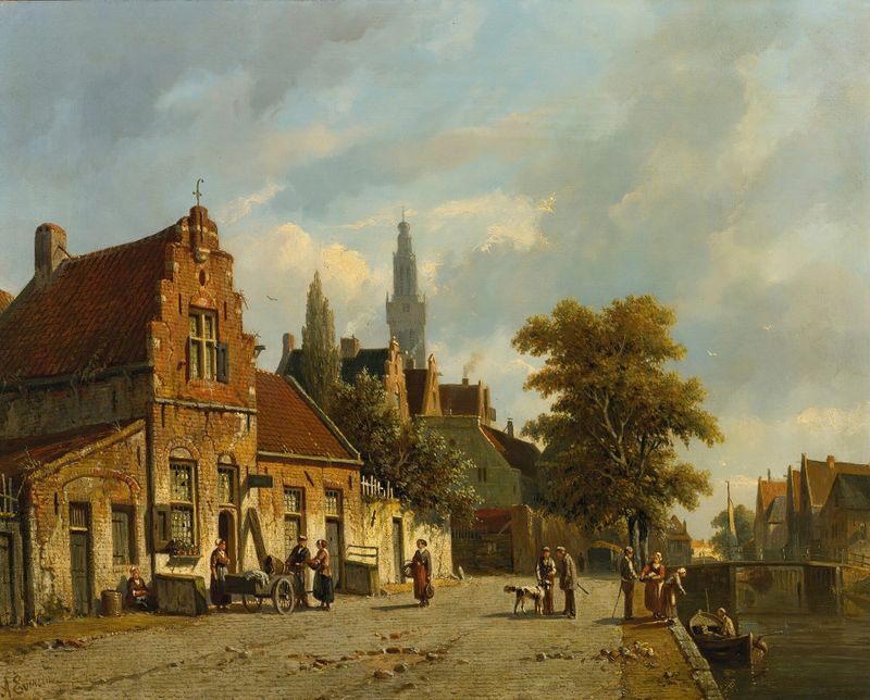 A Town In Holland by Adrianus Eversen, oil on canvas depicting a village with cobblestone streets.