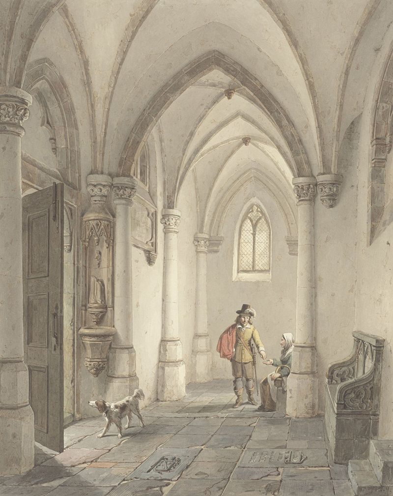 Oil painting by Georg Gillis van Haanen showing a man giving a coin to a beggar woman in an interior.