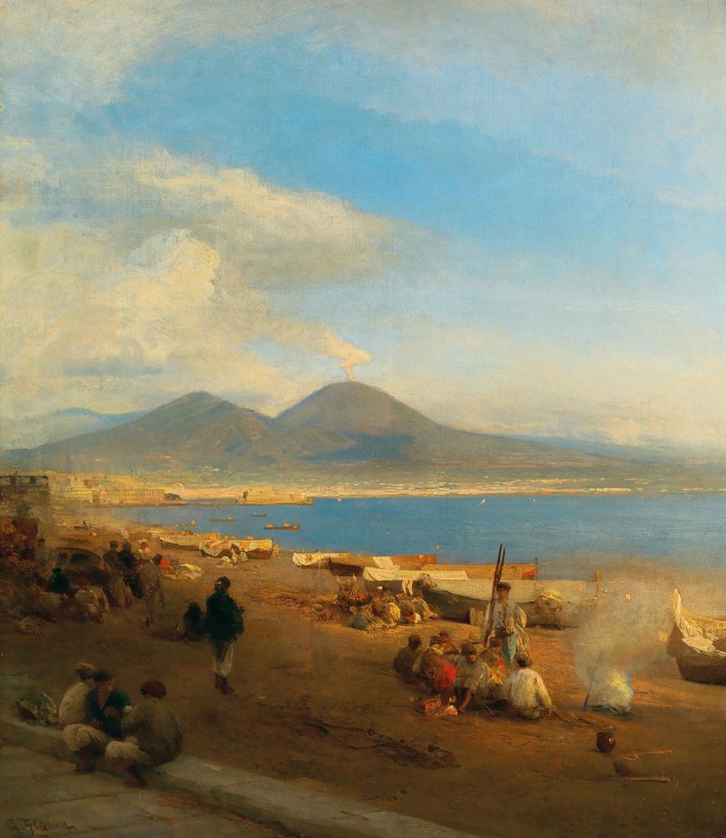 A view of the Gulf of Naples with azure sky and clouds, oil on canvas by Albert Flamm.