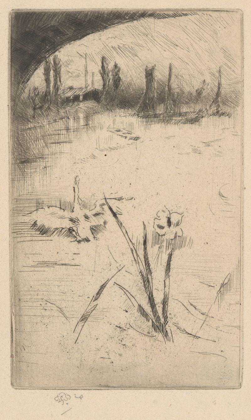 Swan and Iris de James Abbott McNeill Whistler, óleo de un cisne deslizándose sobre un estanque