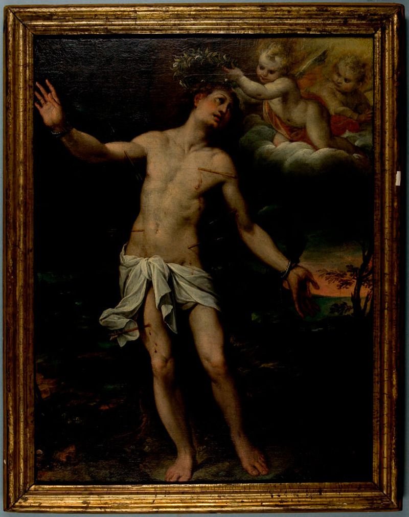 São Sebastião de Camillo Procaccini, óleo sobre tela mostrando um mártir amarrado em angústia.