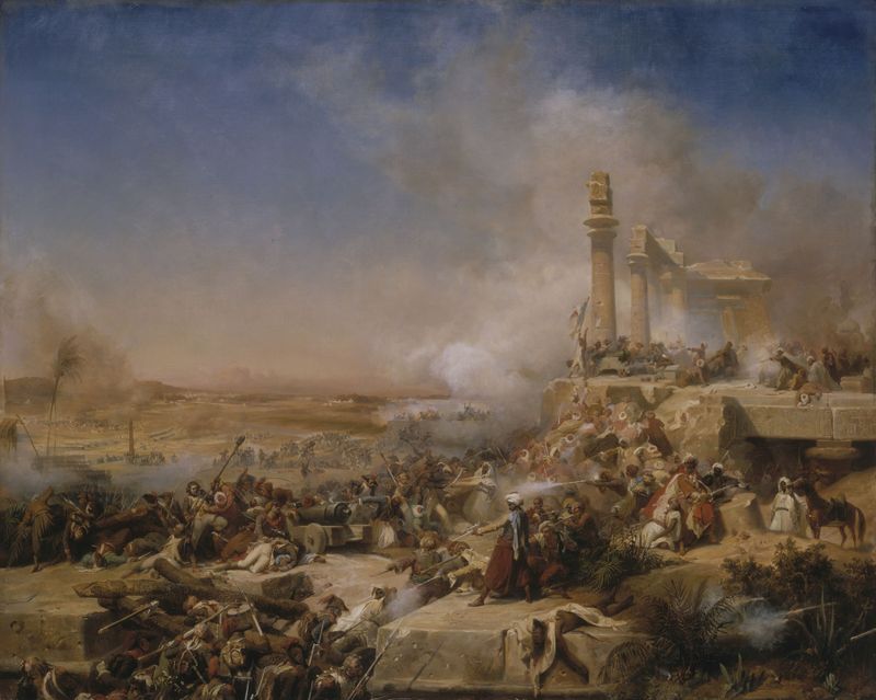 Bataille D’Heliopolis de Léon Cogniet, óleo sobre tela retratando uma cena de batalha caótica.