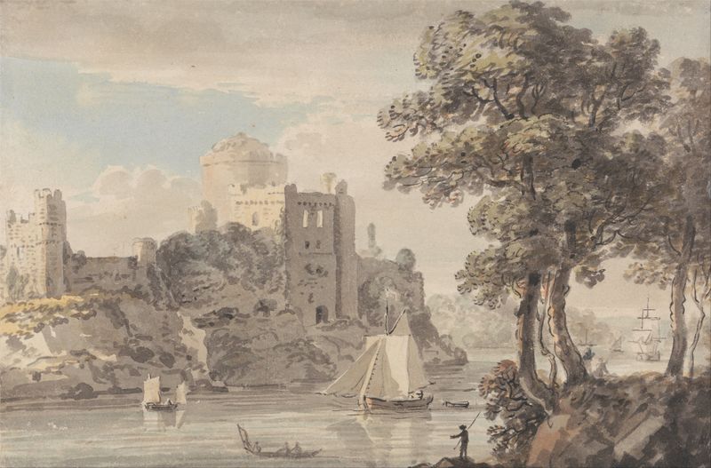 A Castle on a River de Paul Sandby, óleo que muestra un paisaje sereno con un castillo y un río.