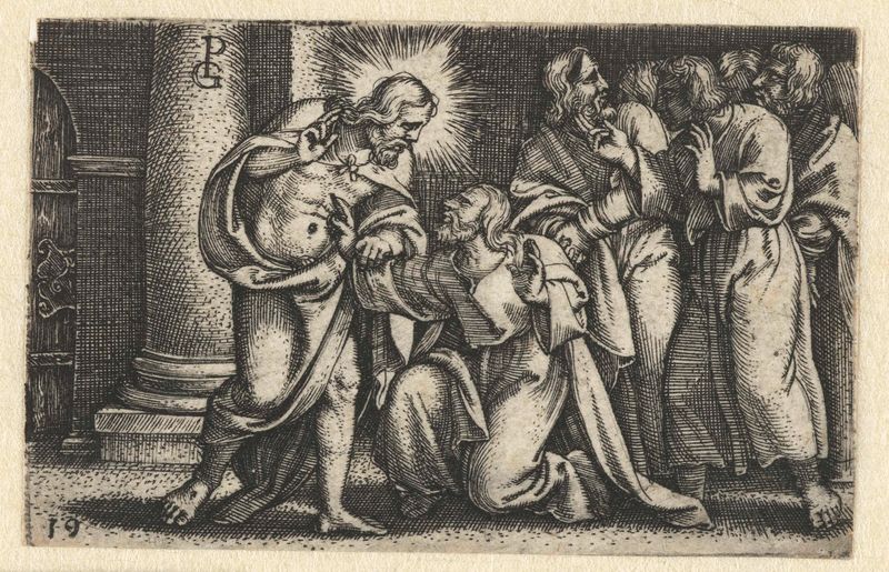 Engraving by Georg Pencz depicting Thomas touching the wounds of Christ
