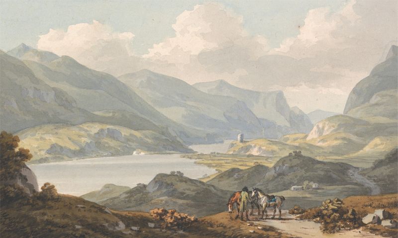 aquarela de John Warwick Smith representando uma paisagem com uma estrada e montanhas