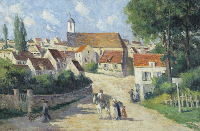 Calle del pueblo con camino de adoquines, pintura al óleo de Maximilien Luce
