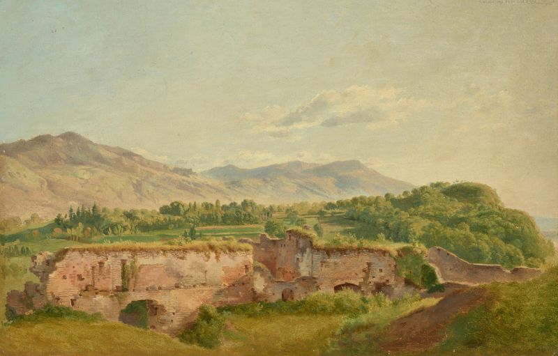 Engraving by Wolfgang Adam Töpffer depicting crumbling ruins and lush foliage