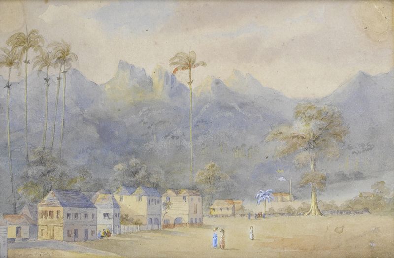 Settlement Tahiti de Richard Heys, óleo sobre tela que retrata uma paisagem tropical com figuras e folhagem exuberante.