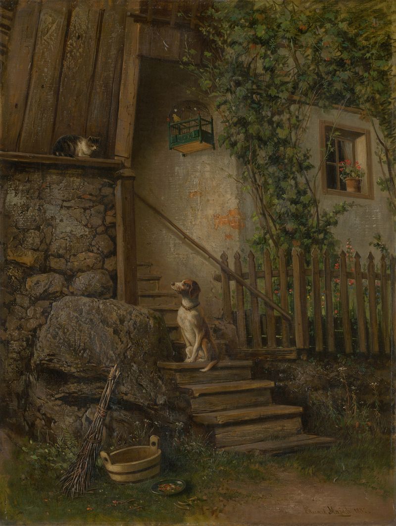 On the Porch (Dog and Cat) by Eduard Majsch, realism, depicting a dog and cat resting on a porch.