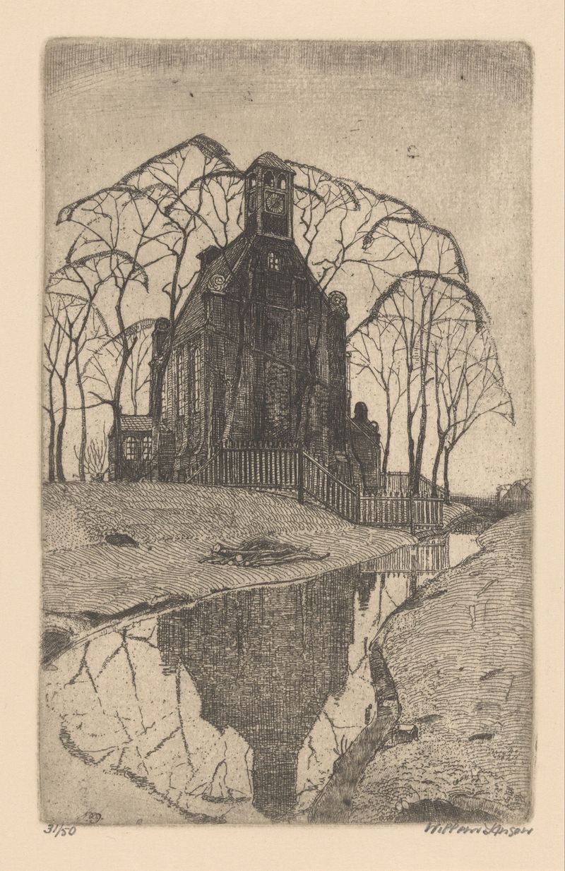 Village church by Willem Jansen, oil painting depicting a church in a village.