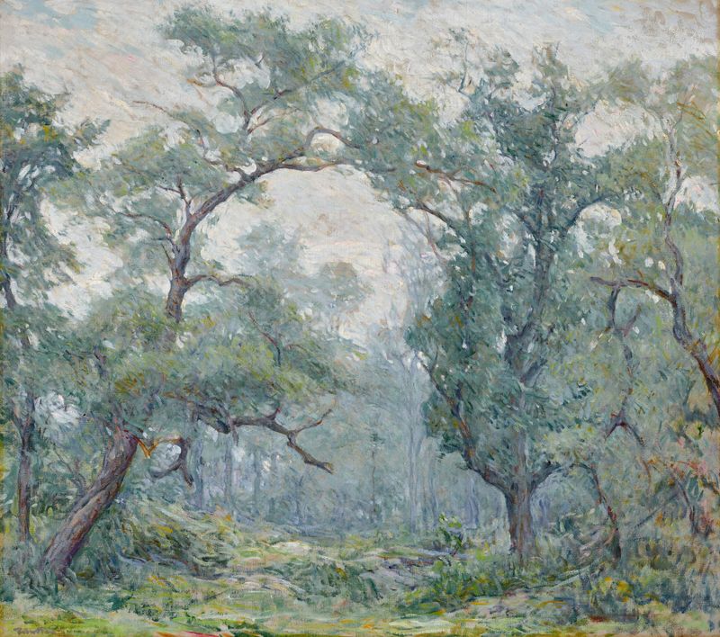 Old Willows by Robert Reid, oil on canvas depicting graceful willows and their shadows.