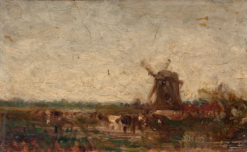 Hollande, le moulin de Félix Ziem, pintura al óleo que representa un molino y un paisaje tranquilo.